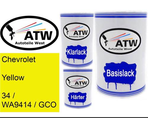 Chevrolet, Yellow, 34 / WA9414 / GCO: 500ml Lackdose + 500ml Klarlack + 250ml Härter - Set, von ATW Autoteile West.